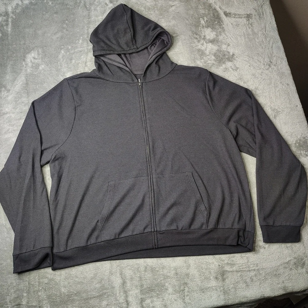 Fabletics Sweater‎ Mens 2XL ? Gray Waffle Knit Hooded Full Zip Athleisure
